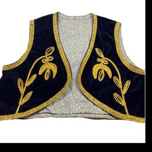 Men's Navy Velvet Vest with Gold Embroidered Trim